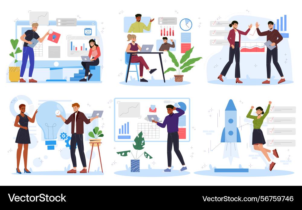 Project implementation set of office workers Project implementation set of office workers vector image