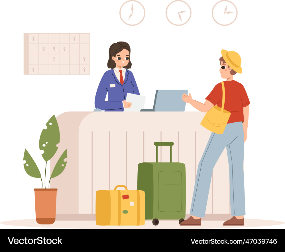 Reception desk in hotel tourist with luggage Reception desk in hotel tourist with luggage vector image