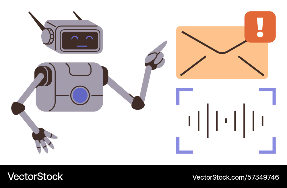 Robot assistant managing alerts with envelope Robot assistant managing alerts with envelope vector image
