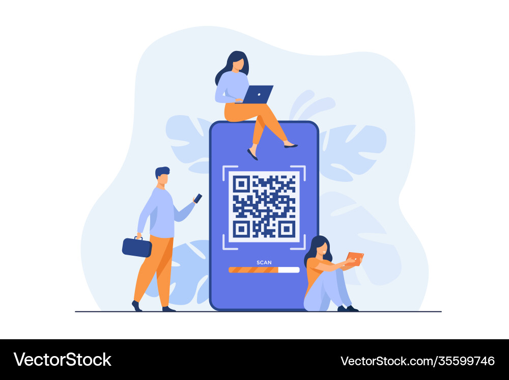 Tiny people using qr code for online payment vector image