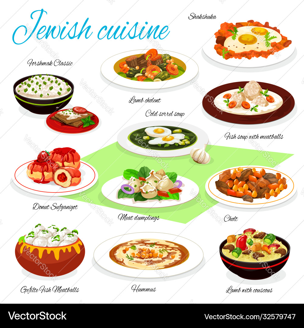 Jewish cuisine fish meat vegetables with donuts Jewish cuisine fish meat vegetables with donuts vector image