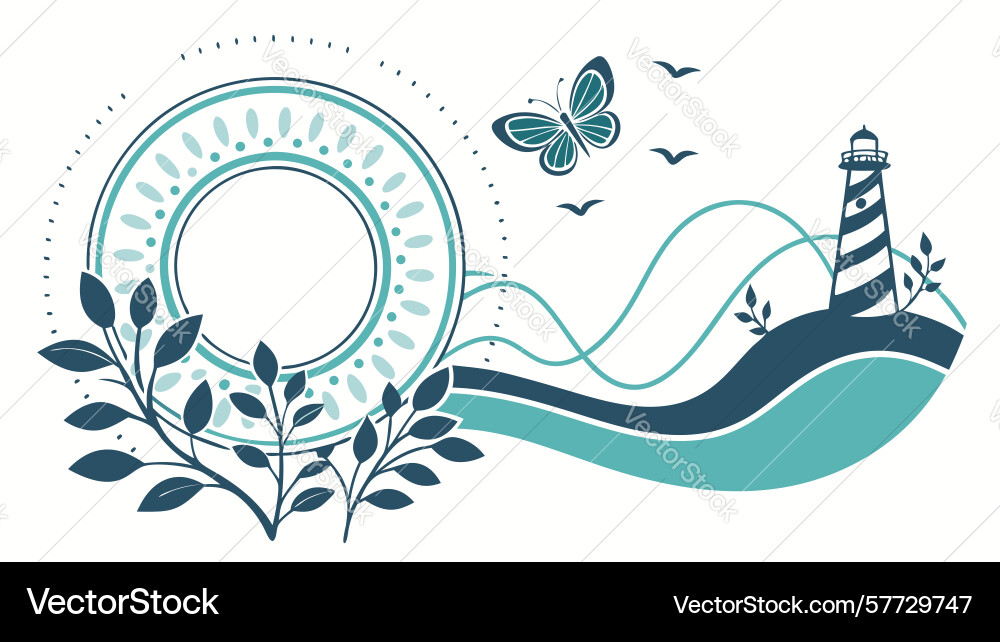 Lighthouse on abstract waves with floral element Vector Image