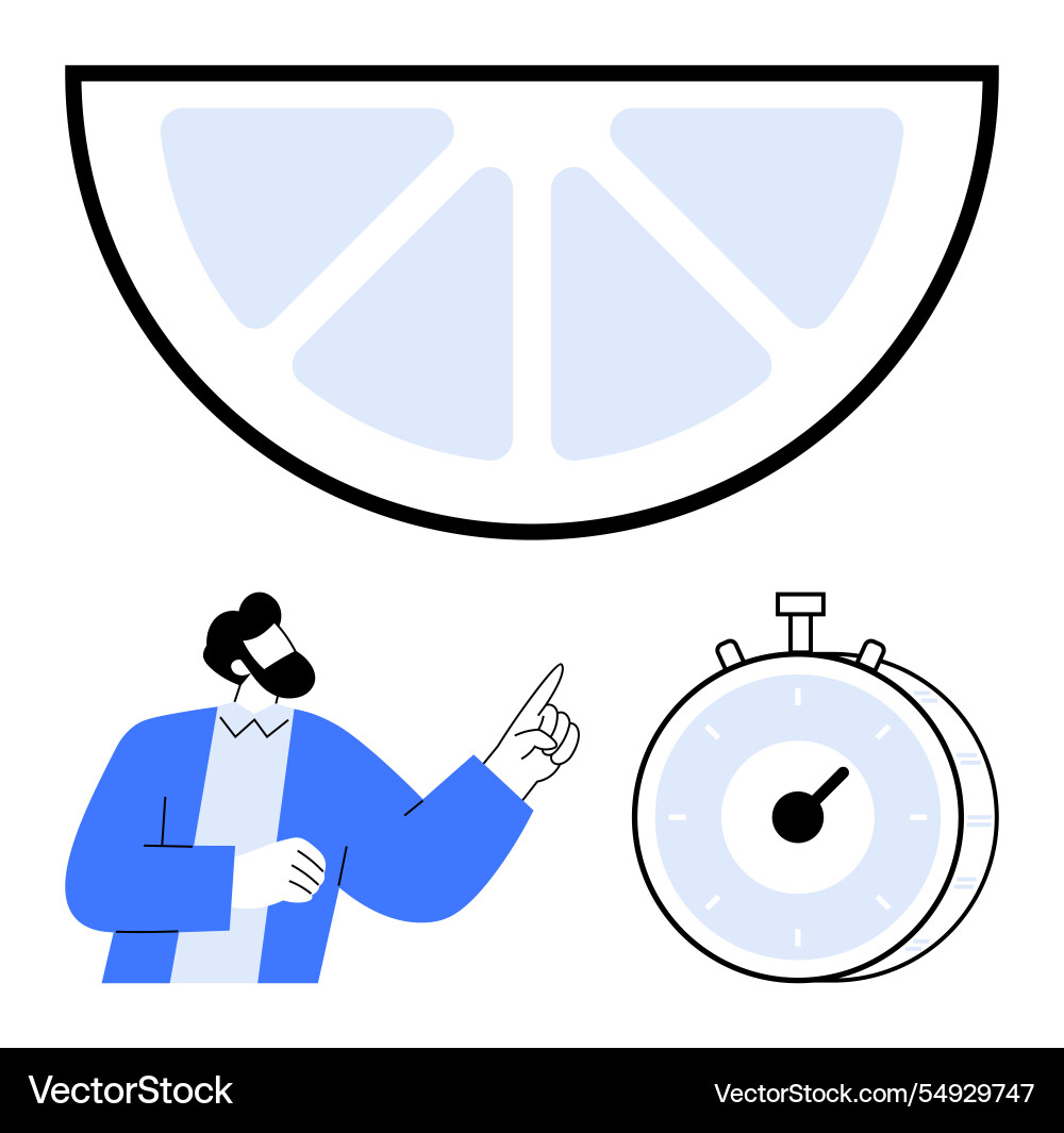 Man pointing at stopwatch beneath a lemon slice Man pointing at stopwatch beneath a lemon slice vector image