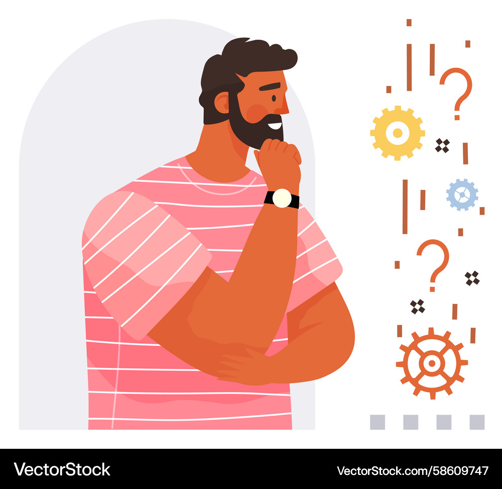 Thoughtful man analyzing concepts with gears Thoughtful man analyzing concepts with gears Vector Image