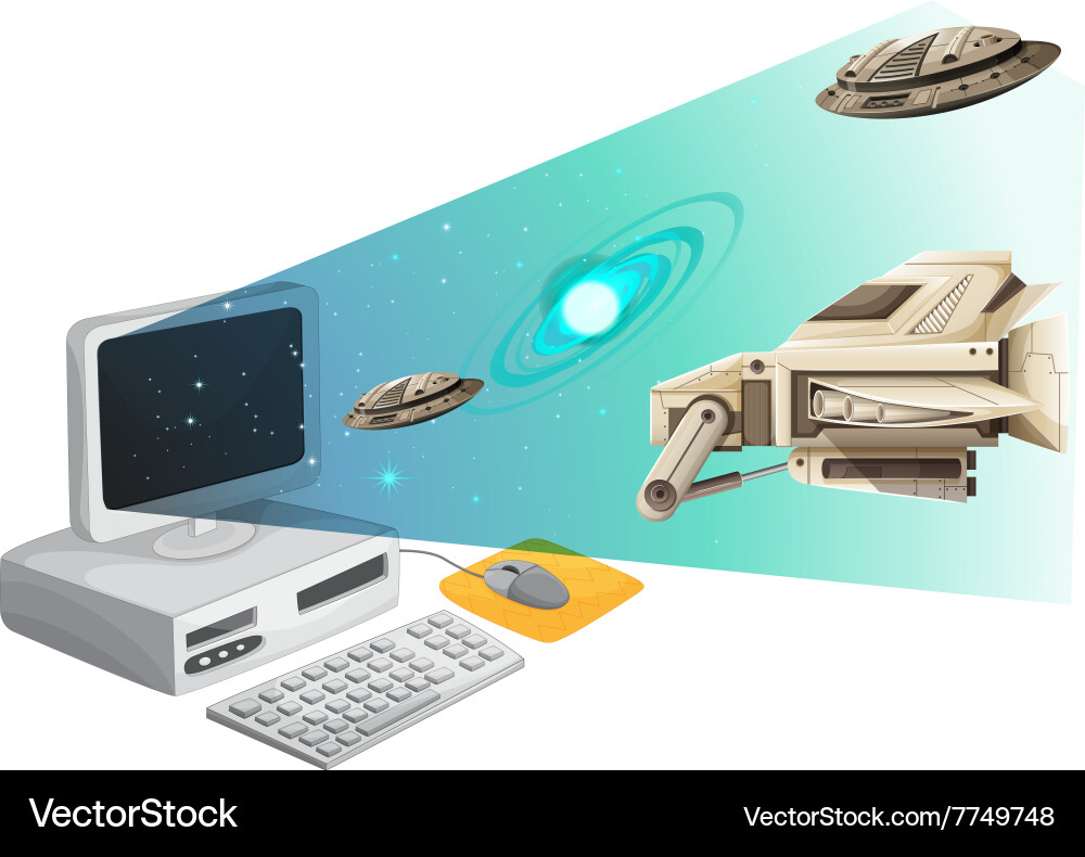 Computer screen with spaceships in the space Vector Image