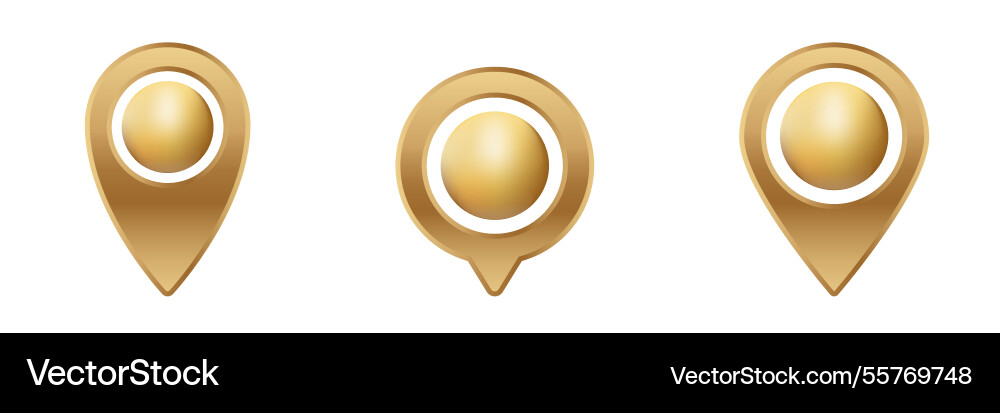 Three golden map location markers with circular vector image
