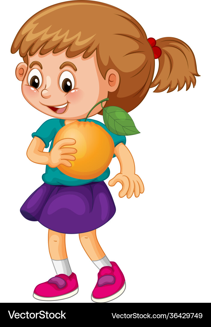 Ein Mädchen mit einem orangenen Fruchtkarikaturzeichen Ein Mädchen mit einem orangenen Fruchtkarikaturzeichen vektorbild