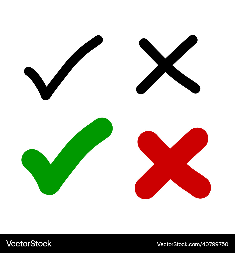 Check mark tick icon set in green and red color Check mark tick icon set in green and red color Vector Image