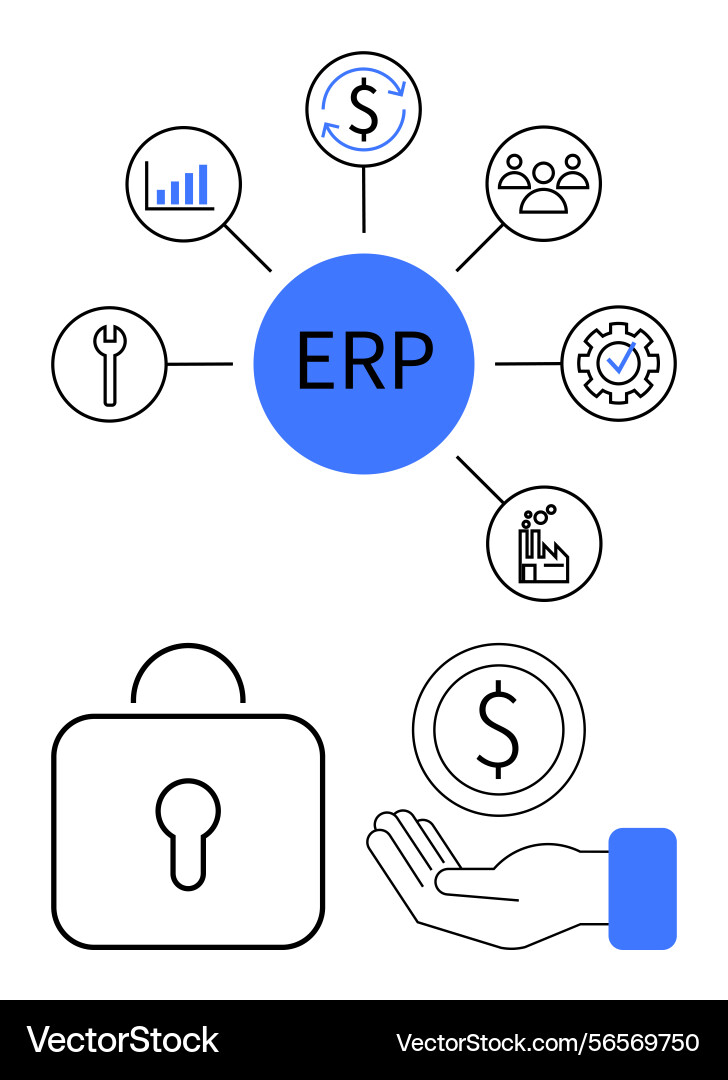 Erp system diagram with key functional areas Erp system diagram with key functional areas vector image
