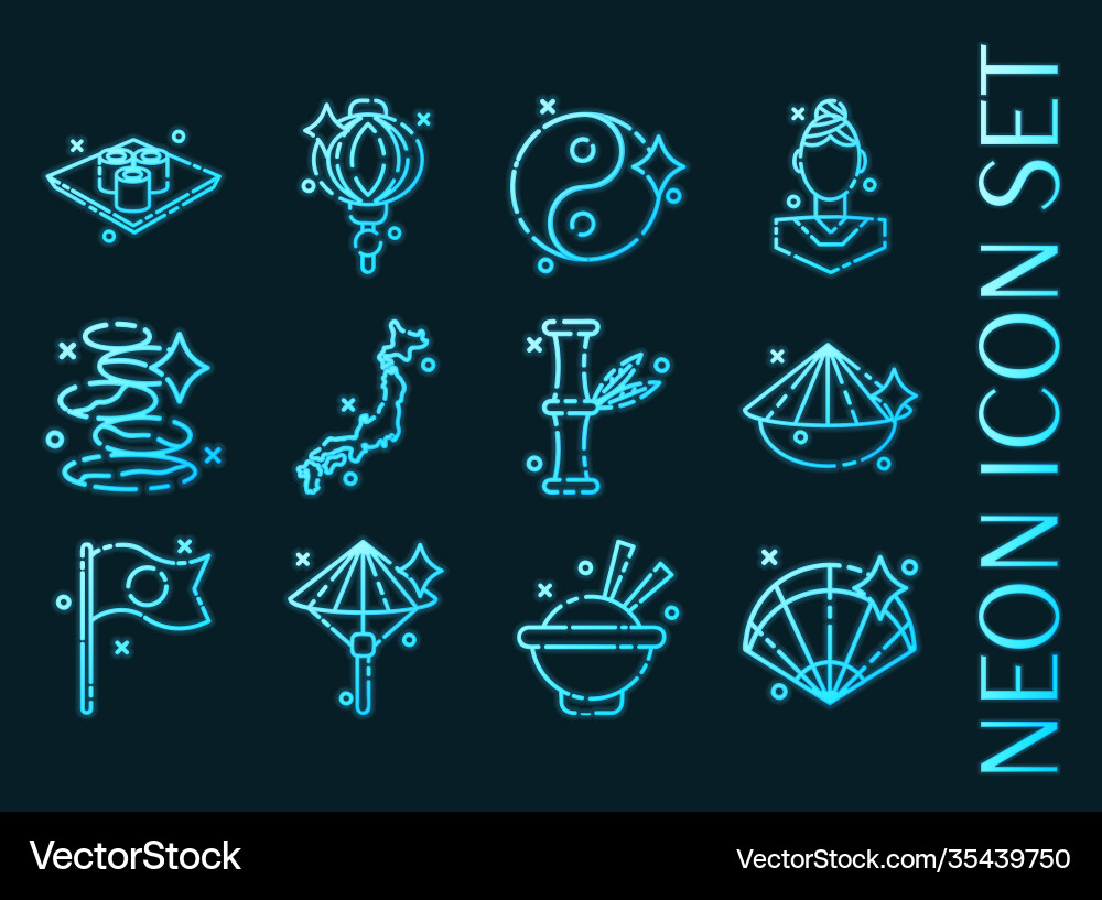 Japan set Icons blau leuchtend Neon Stil Japan set Icons blau leuchtend Neon Stil vektorbild