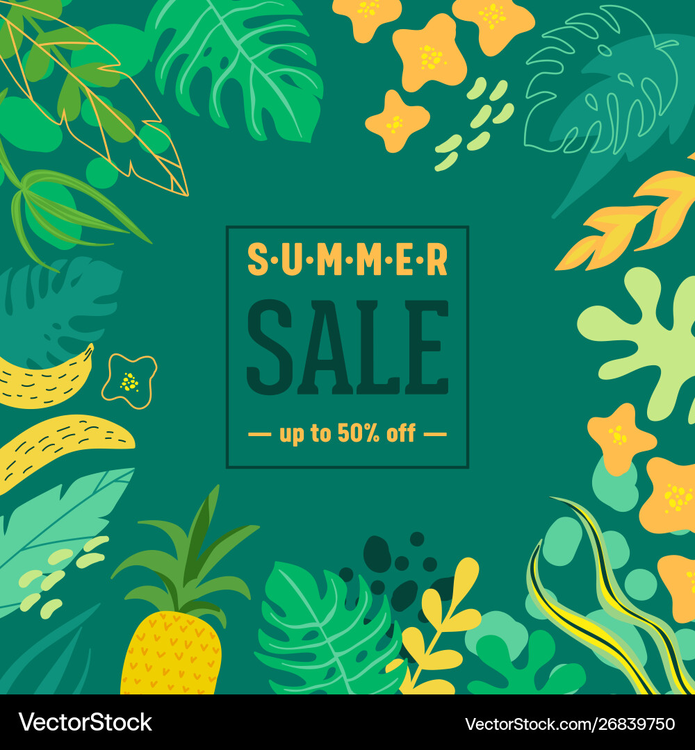 Summer sale poster with tropic leaves and flowers Summer sale poster with tropic leaves and flowers vector image