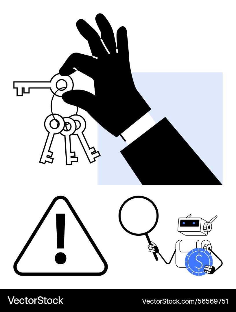 Hand holding keys with warning sign magnifying Hand holding keys with warning sign magnifying vector image