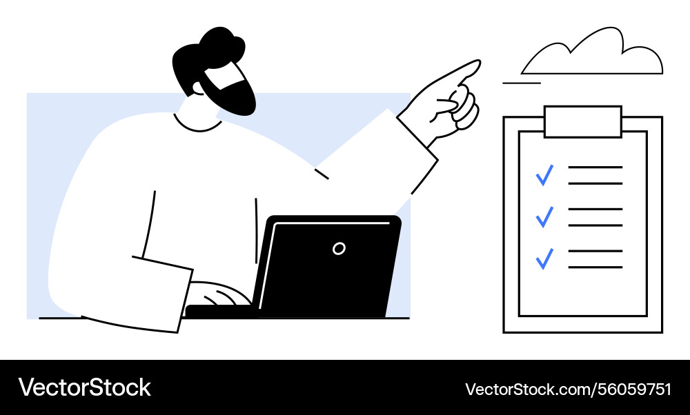 Man reviewing checklist and pointing toward cloud Man reviewing checklist and pointing toward cloud vector image