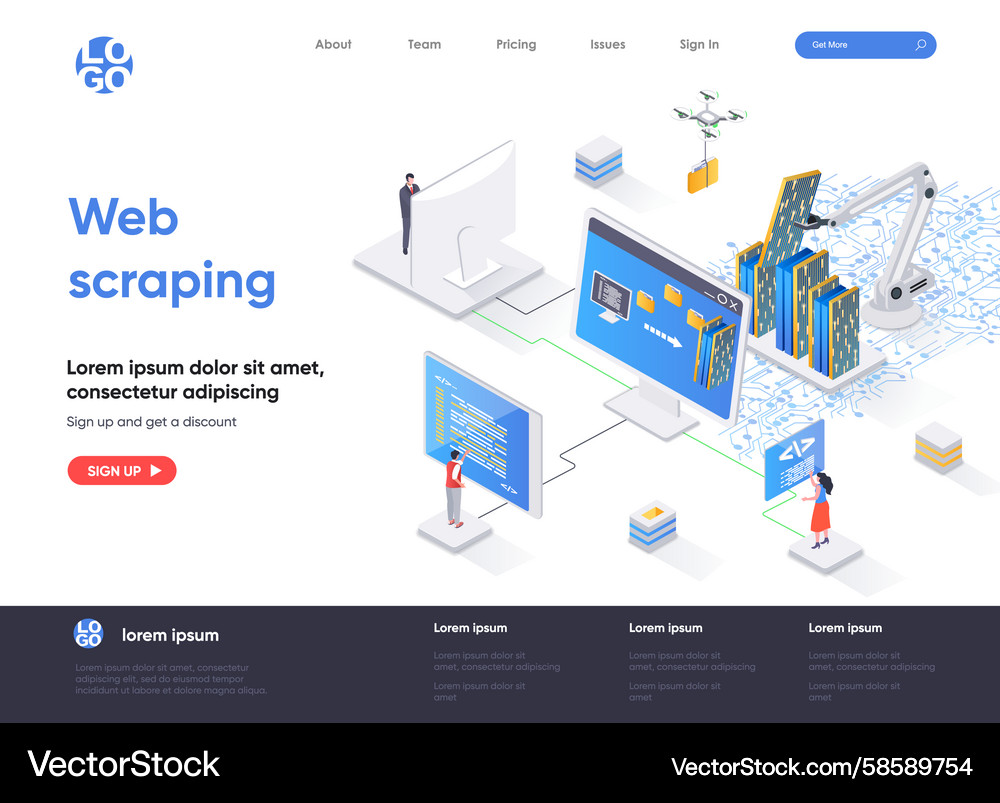 Web scraping isometric landing page process Vector Image