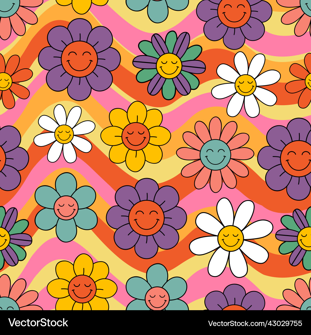 Retro Floral Pattern - Smiling Flowers vector image