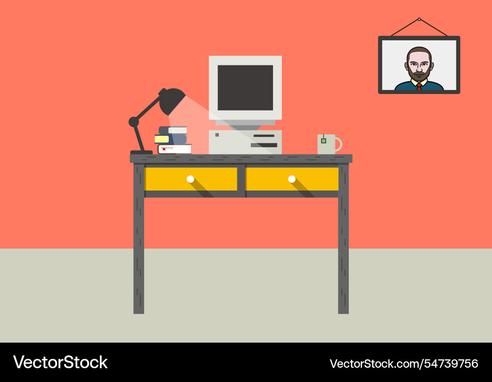 Old working place desk with computer vector image