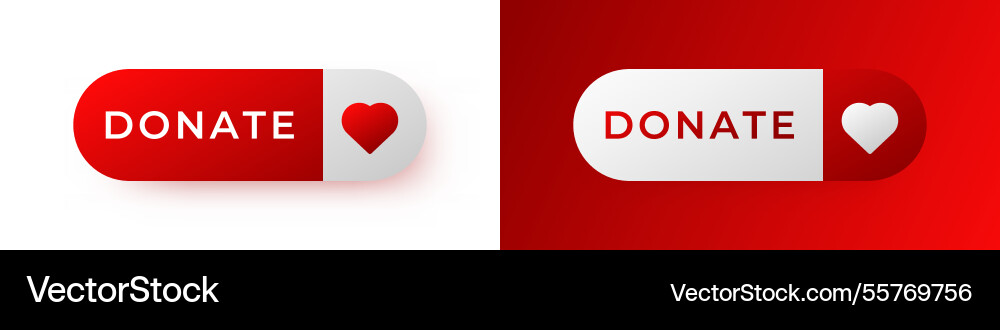 Red donate button with heart icon represents Vector Image