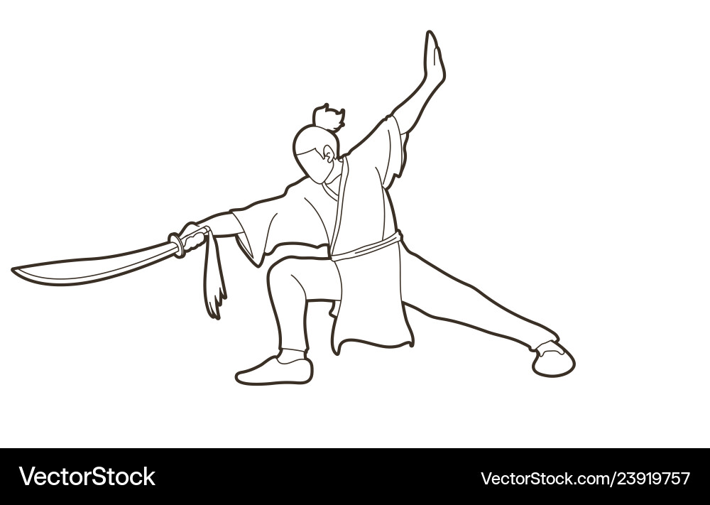 Man with sword action kung fu pose graphic vector image