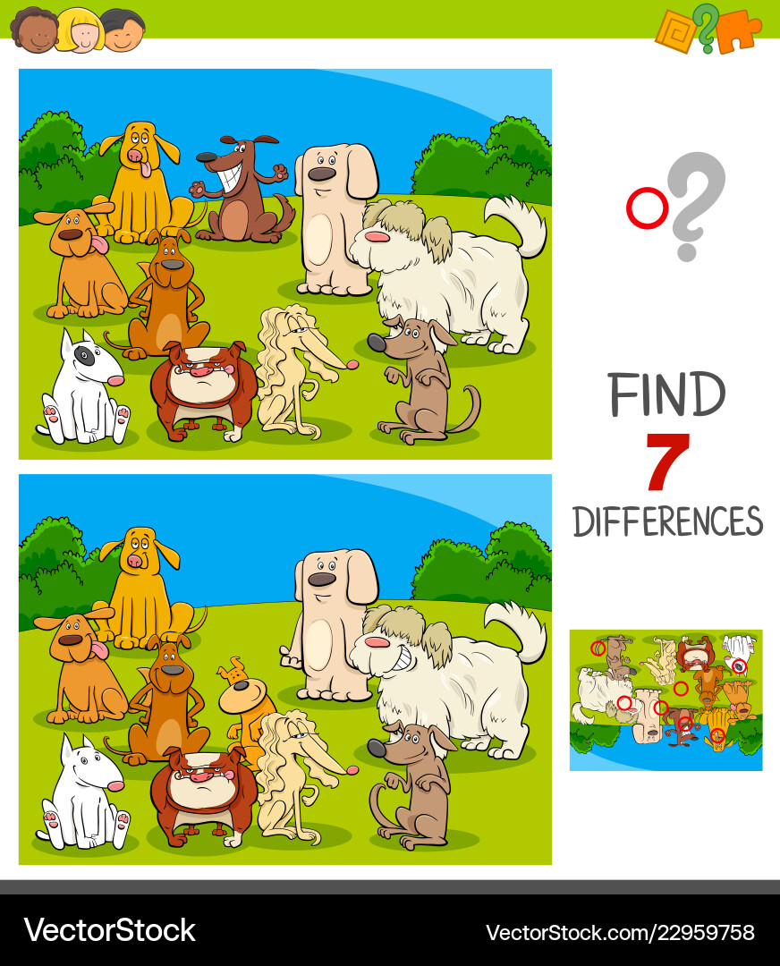 Differences game with dog characters Differences game with dog characters Vector Image