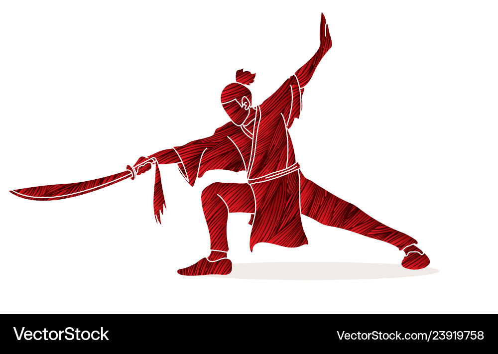 Man with sword action kung fu pose graphic Man with sword action kung fu pose graphic vector image