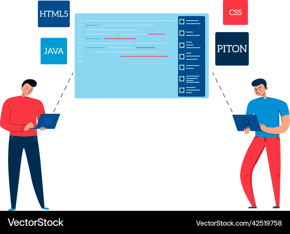 Programmers submitting code composition Programmers submitting code composition vector image