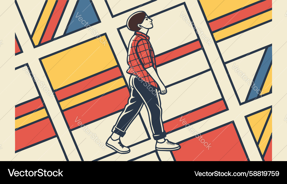 Man walking on abstract patterned floor design Vector Image