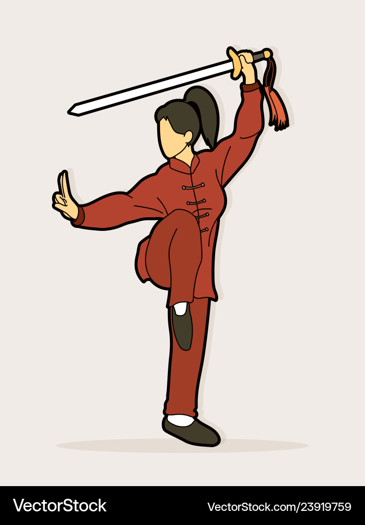 Woman with sword action kung fu pose graphic Woman with sword action kung fu pose graphic vector image