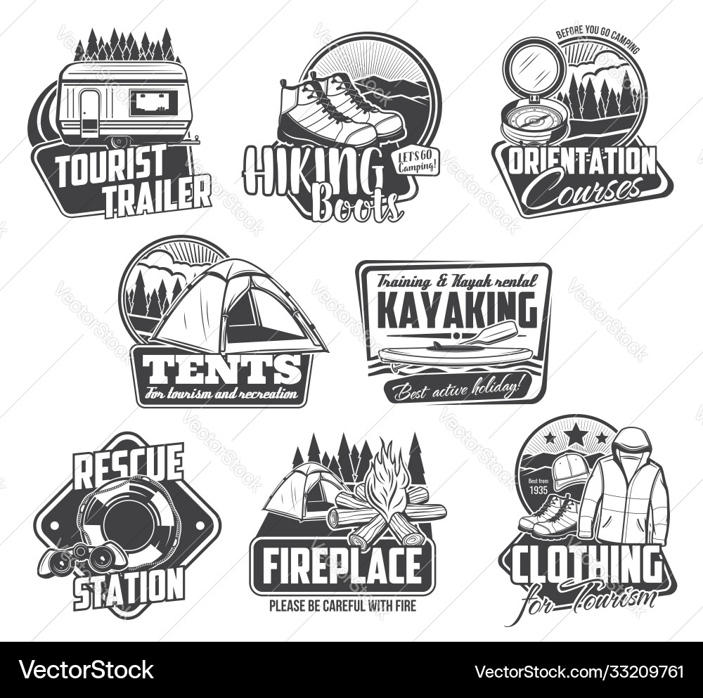 Camping hiking kayaking icons travel tourism Camping hiking kayaking icons travel tourism vector image