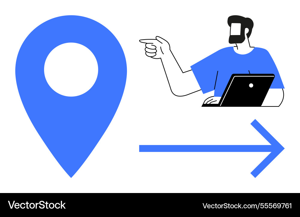 Man using laptop points to large location marker Man using laptop points to large location marker vector image