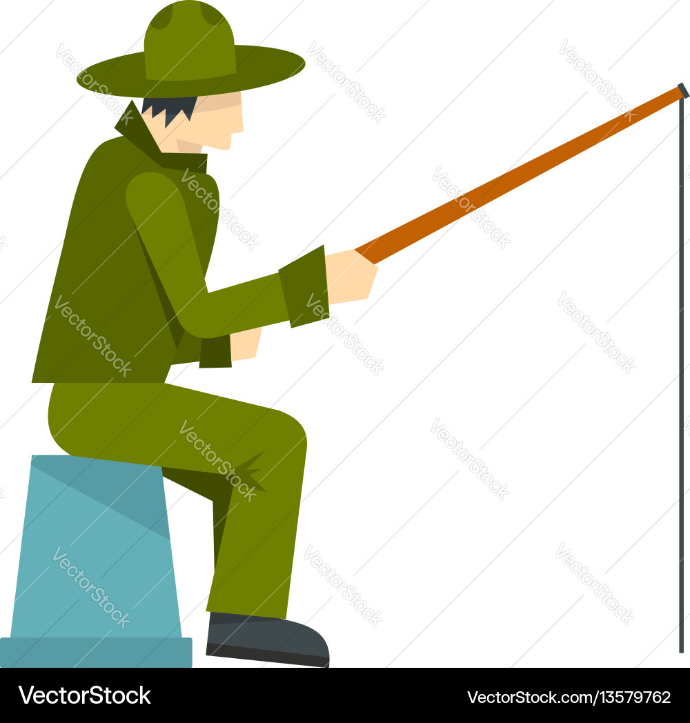 Fisherman sitzend mit Angelstange Ikone flach Stil Fisherman sitzend mit Angelstange Ikone flach Stil Vektorbild