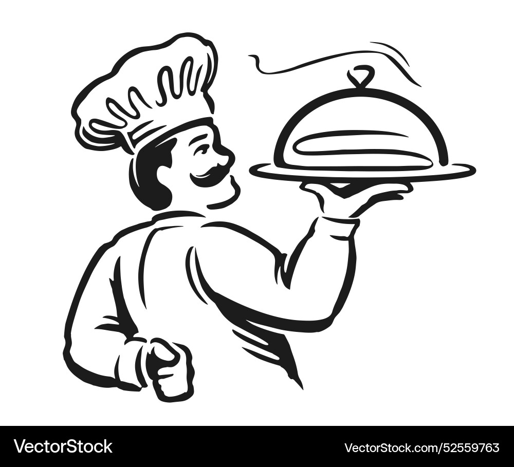 Chef cook holding cloche drawing for design Vector Image
