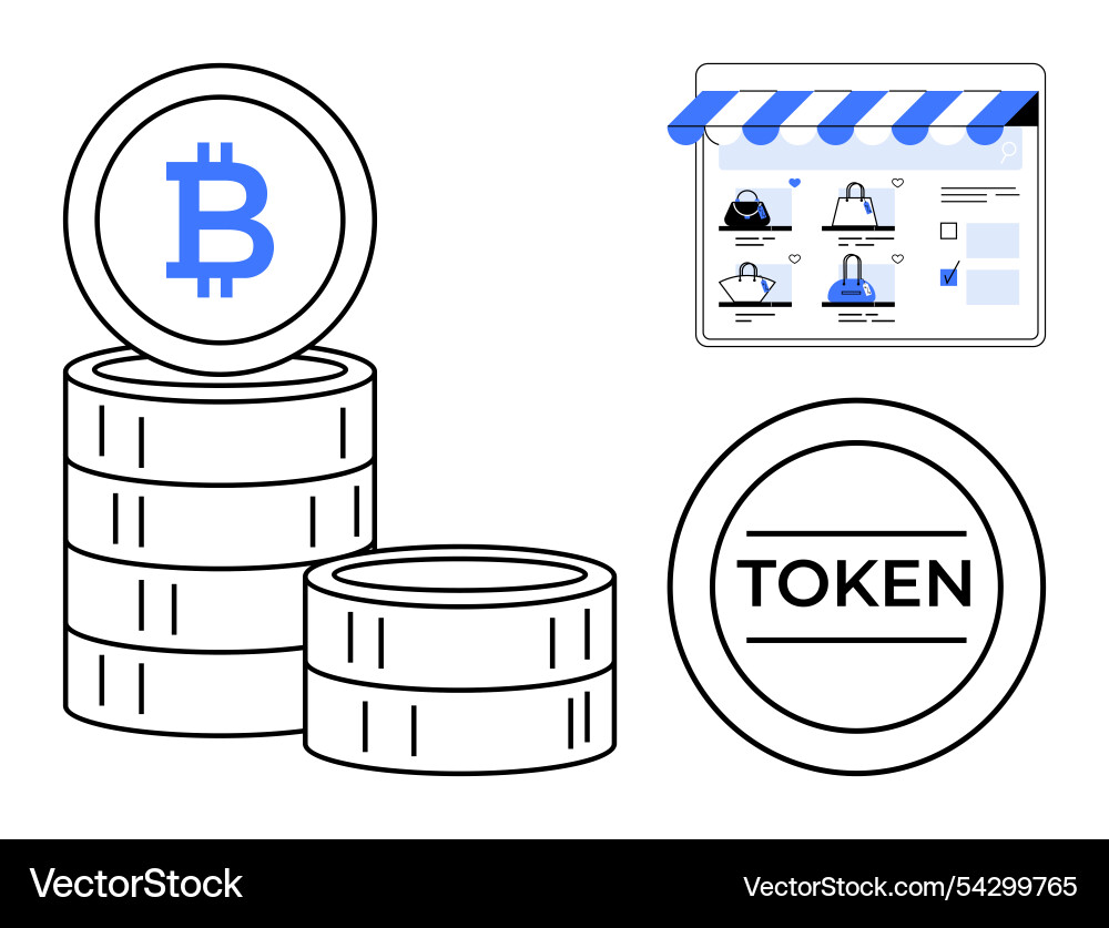 Cryptocurrency tokens and stacked coins with e Cryptocurrency tokens and stacked coins with e vector image