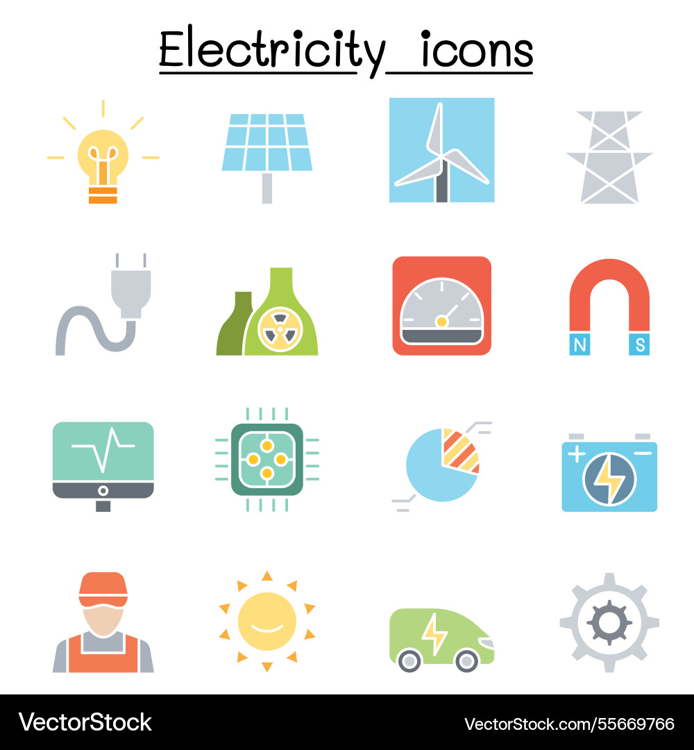Electricity and power icon set in flat color style Electricity and power icon set in flat color style vector image