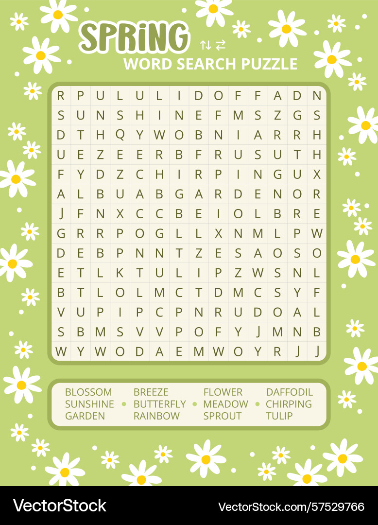Spring word search puzzle game daisy background Spring word search puzzle game daisy background Vector Image