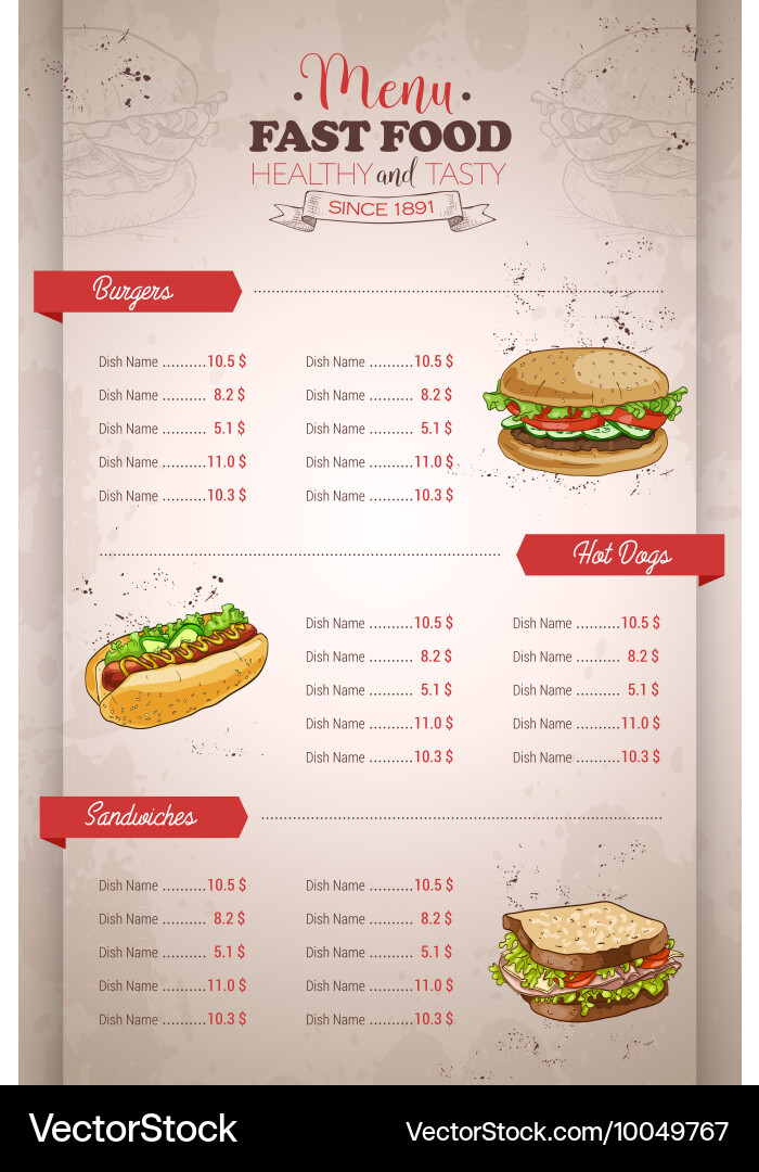 Drawing vertical color fast food menu design Vector Image