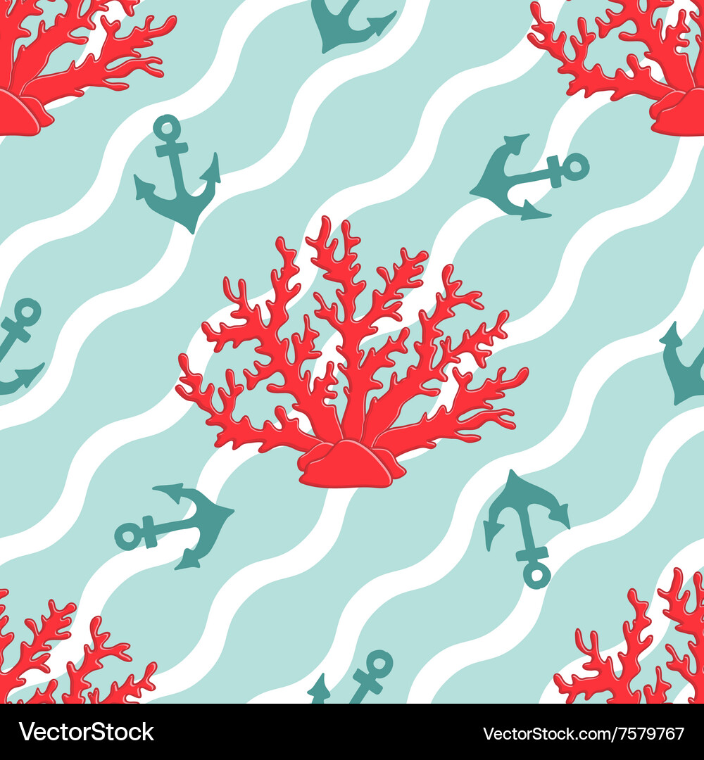 Seamless patterns with corals and anchors Vector Image