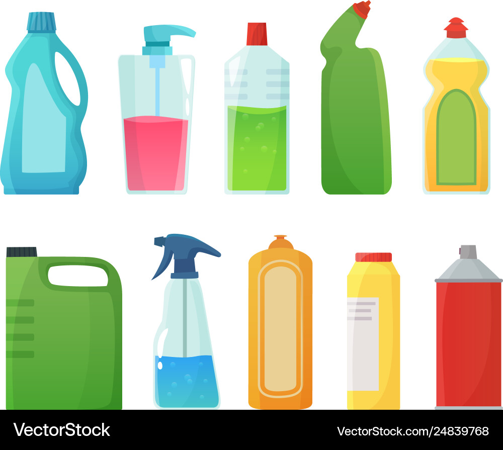 Detergent bottles cleaning supplies products vector image