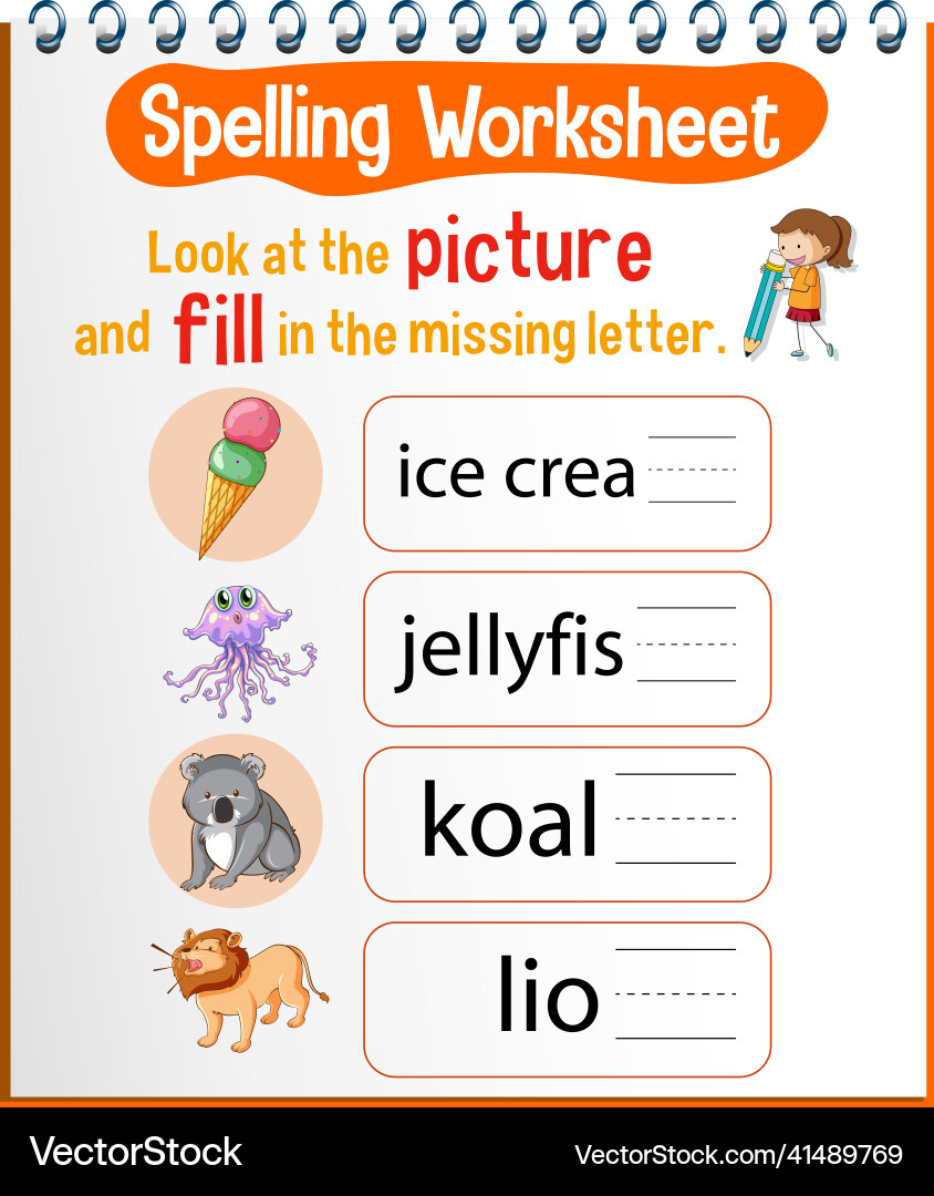 Spelling worksheet template for kids vector image