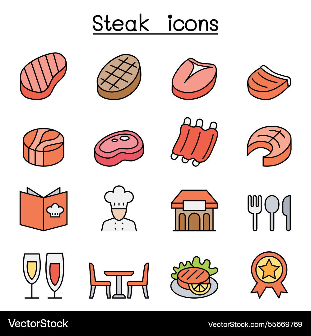Steak icon set in color line style Steak icon set in color line style vector image