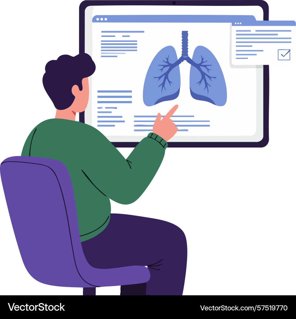 Man analyzing lung health data on digital screen Man analyzing lung health data on digital screen vector image