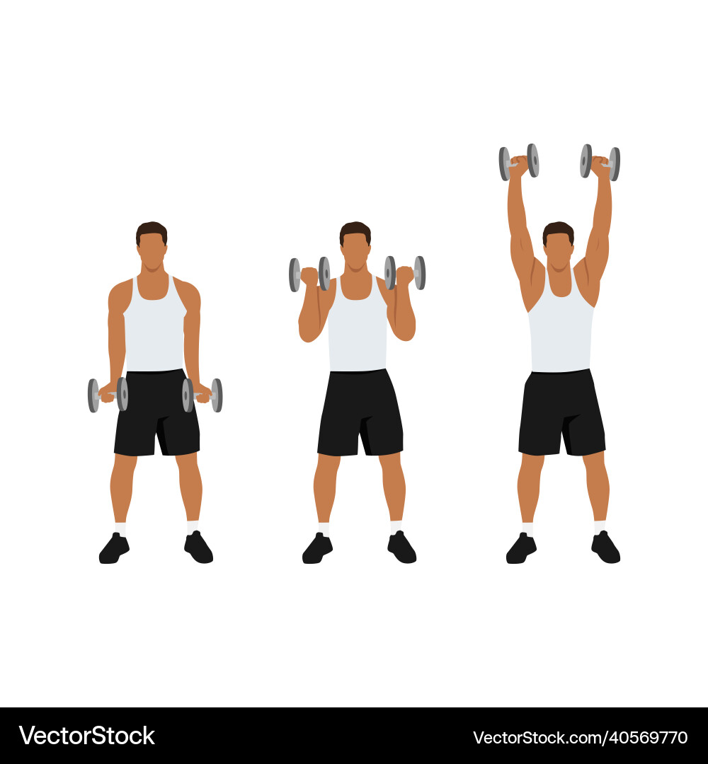 Man doing dumbbell biceps curl to shoulder press Man doing dumbbell biceps curl to shoulder press vector image