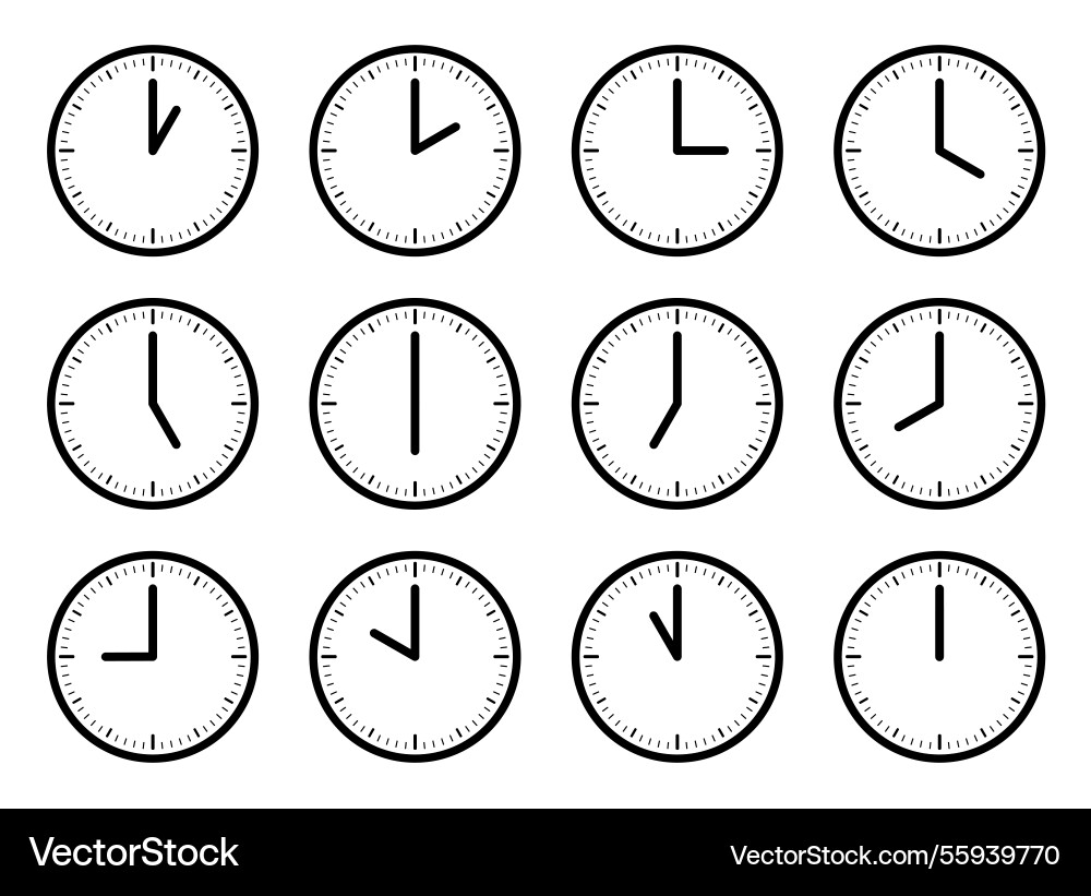 Set of clocks with different times day hours Vector Image