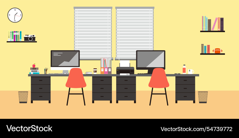 Desk with computer and other things flat design Vector Image
