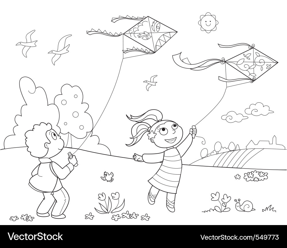Children Flying Kites Outdoors – Royalty-Free Vector | VectorStock, image size:1000x865