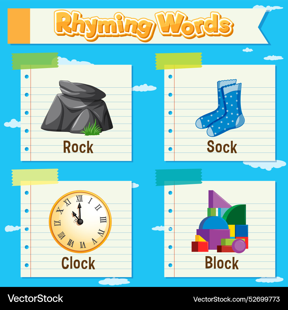 Rock sock clock and block rhyming words Rock sock clock and block rhyming words vector image
