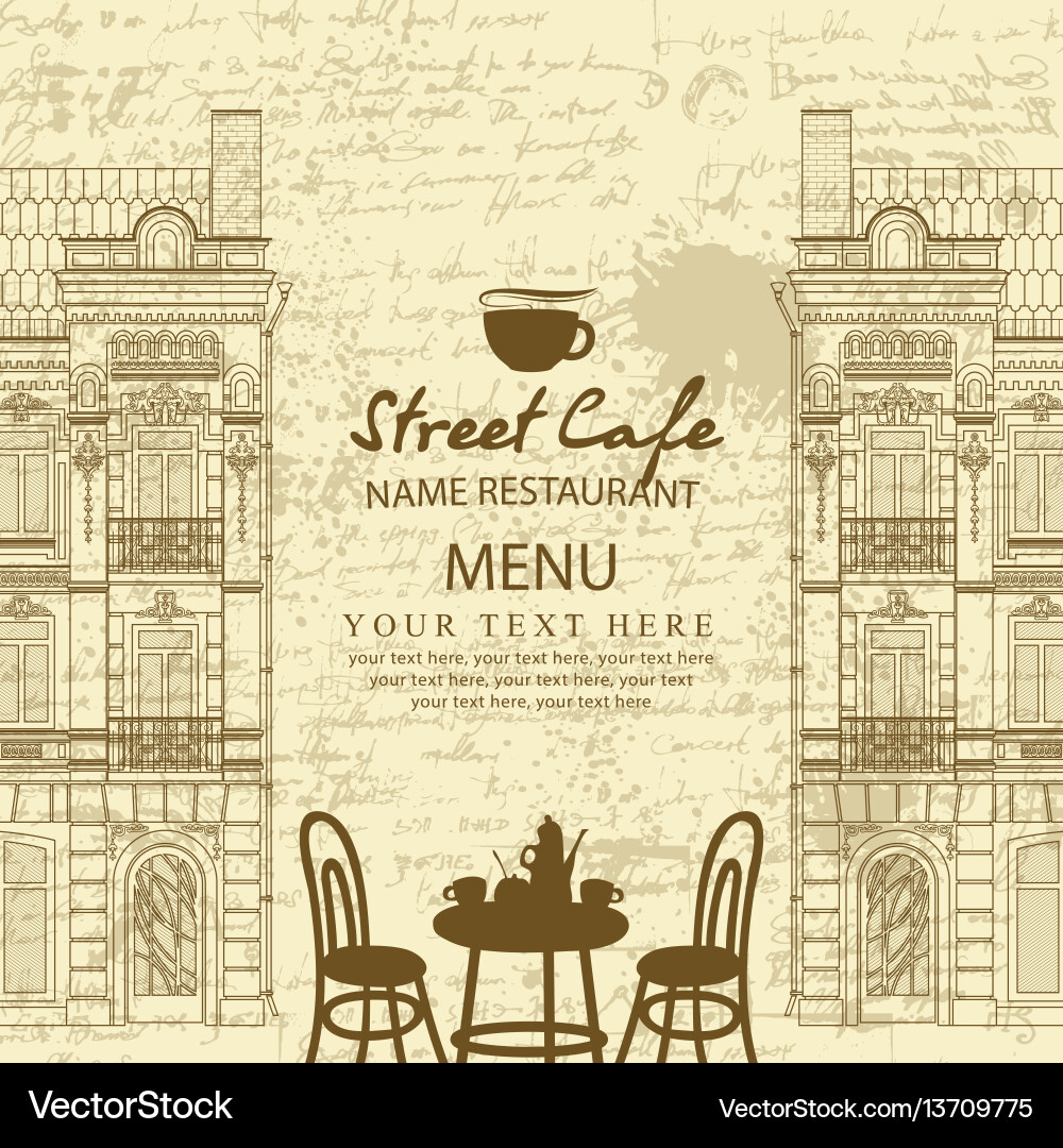 Menu for sidewalk cafe with table and architecture vector image
