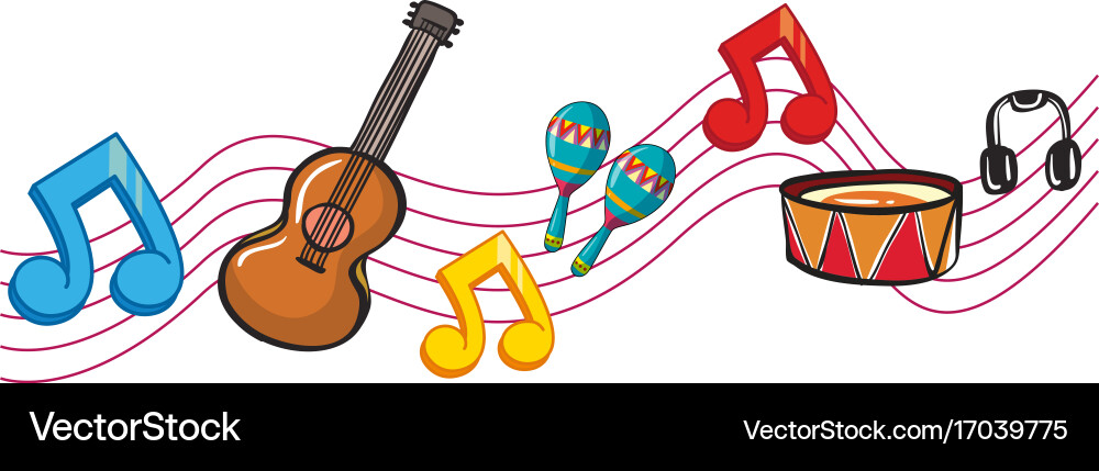 Musical instruments and music notes in background Vector Image