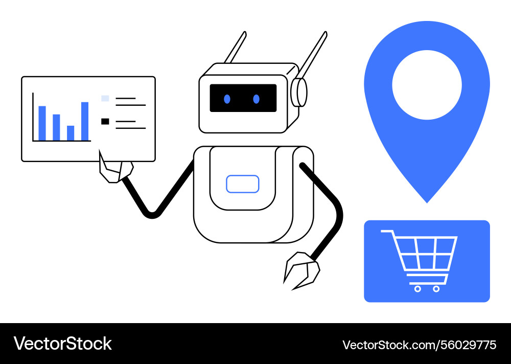 Robot analyzing data with charts location marker Vector Image