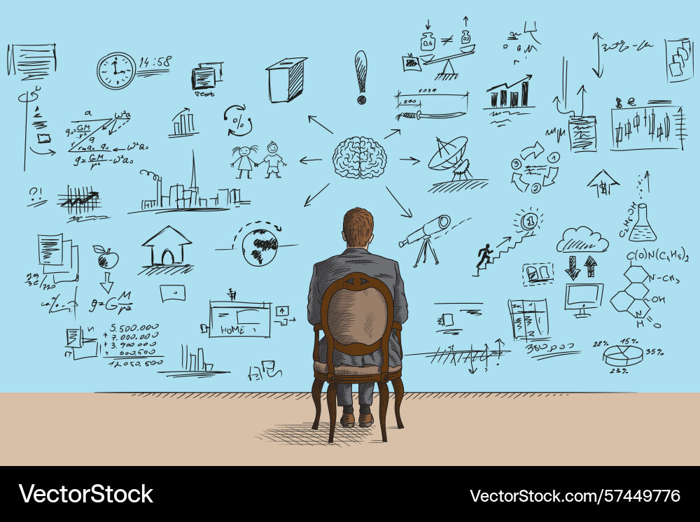 Man in front of a wall with formulas Man in front of a wall with formulas vector image