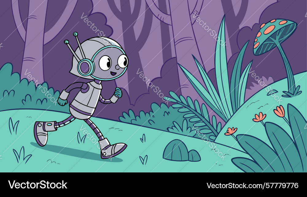 Robot running through a futuristic forest design vector image